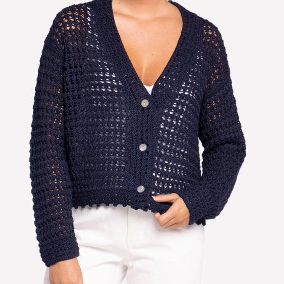 Vince Women's 100% Organic Cotton Crochet Cardigan Sweater Navy Blue XL - Picture 6 of 15